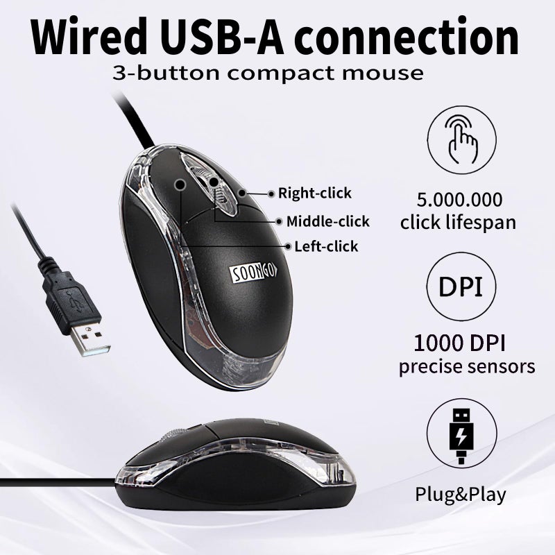 SOON GO ماوس سون جو سلكي - ماوس USB سلكي، تصميم بصري مريح، كابل USB بطول 1.5 متر، توصيل وتشغيل للكمبيوتر/اللابتوب/سطح المكتب (أسود) - Image 3